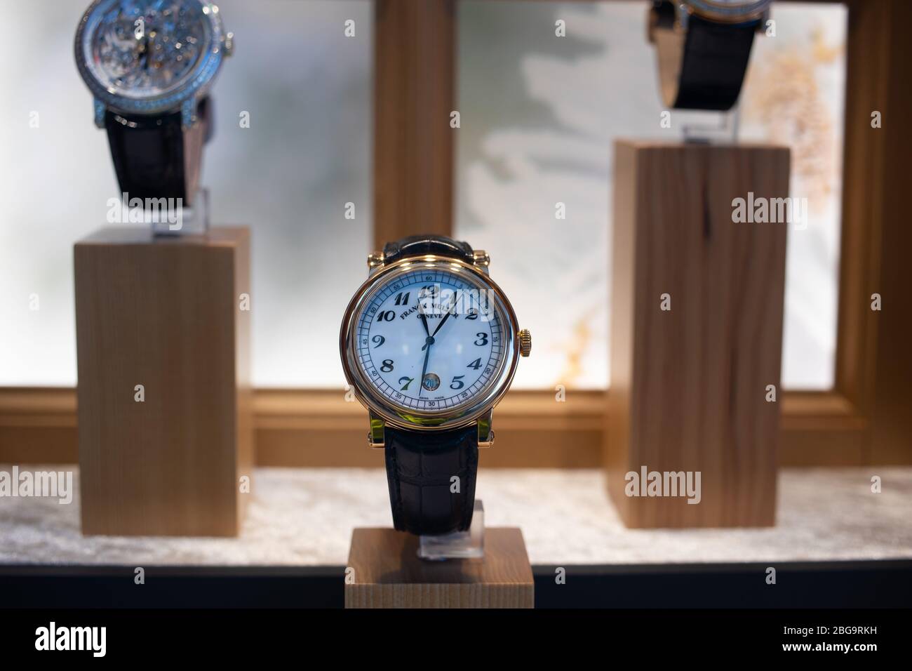 Genève, Suisse, mars 2020 Franck Muller montre, vitrelle boutique avec montres mécaniques à la mode, maître des complications Banque D'Images