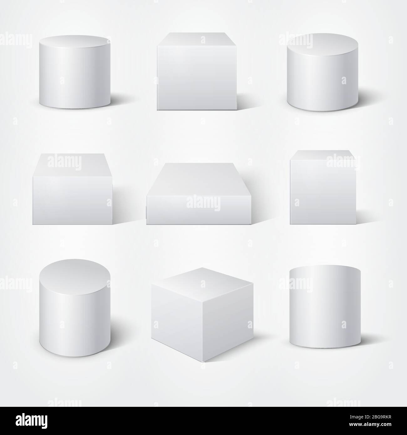 Bouteilles et cubes vides blancs en trois dimensions. Modèle de podiums de produit vectoriel. Elément géométrique du cylindre, illustration de la collection de figures géométriques de forme Illustration de Vecteur