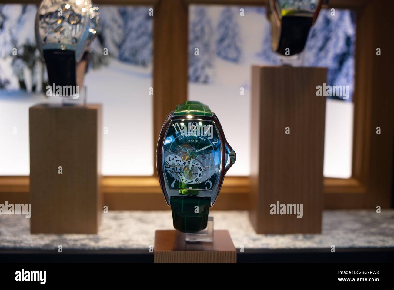 Genève, Suisse, mars 2020 Franck Muller montre, vitrelle boutique avec montres mécaniques à la mode, maître des complications Banque D'Images