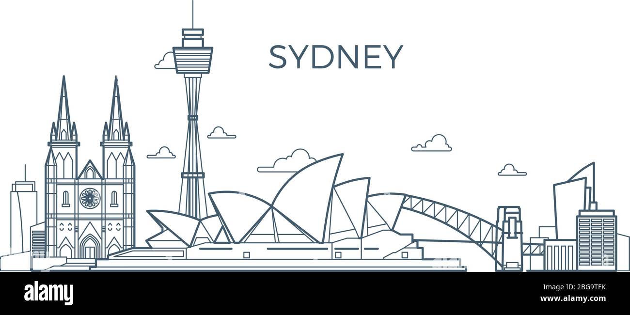 Gratte-ciel de la ville de Sydney avec bâtiments et lieux d'exposition d'architecture. Australie World Travel Vector site touristique. Architecture horizon sydney illustration de la ville Illustration de Vecteur