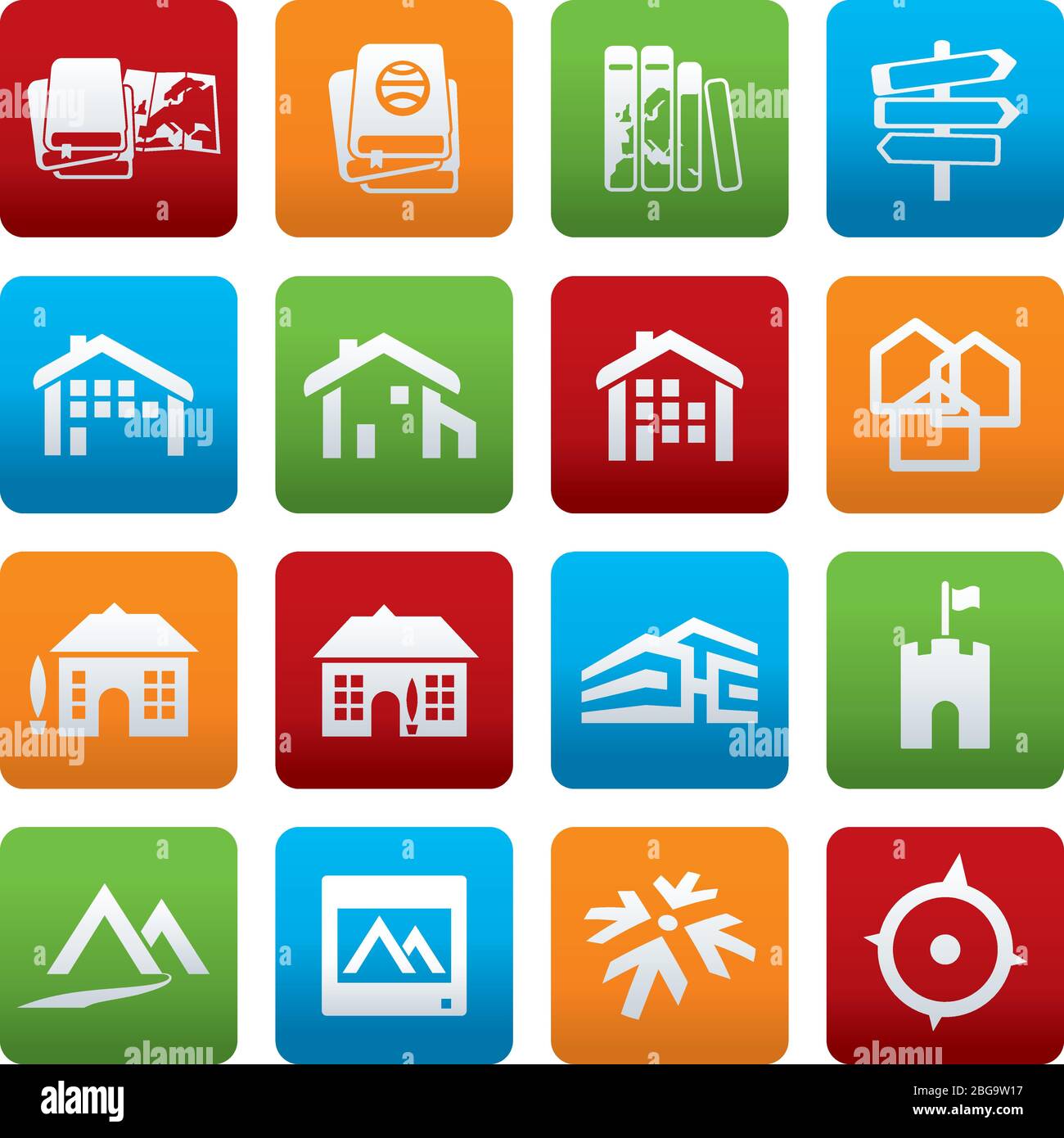 Vector illustration. Seize icônes de voyage plus lisse de boutons carrés. Illustration de Vecteur