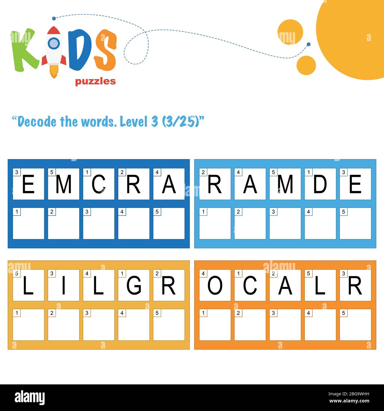 Décoder les mots de 5 lettres. Pratique sur les feuilles de travail pour les enfants d'âge préscolaire, élémentaire et intermédiaire. Fiche d'activité du puzzle logique amusant. Illustration de Vecteur