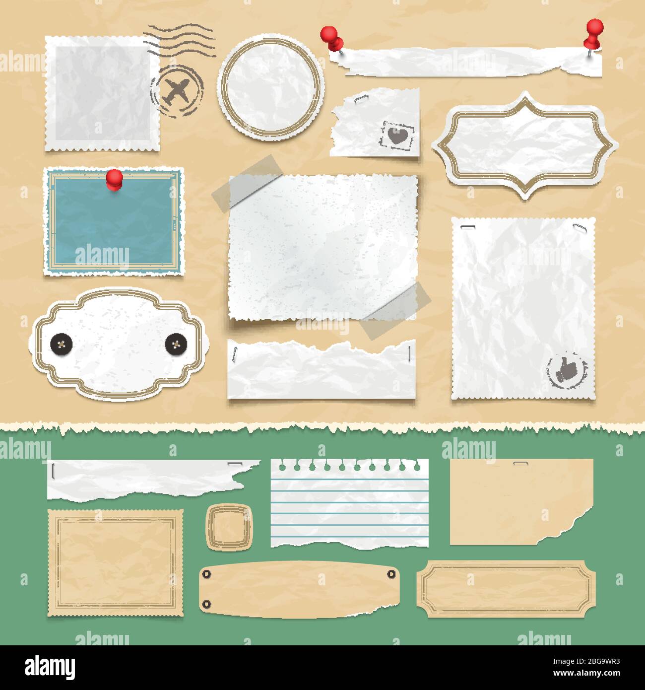 Éléments vectoriels vintage scrapbooking. Anciens papiers ferraille, cadres photo et étiquettes. Illustration du scrapbook et de la carte papier vintage Illustration de Vecteur