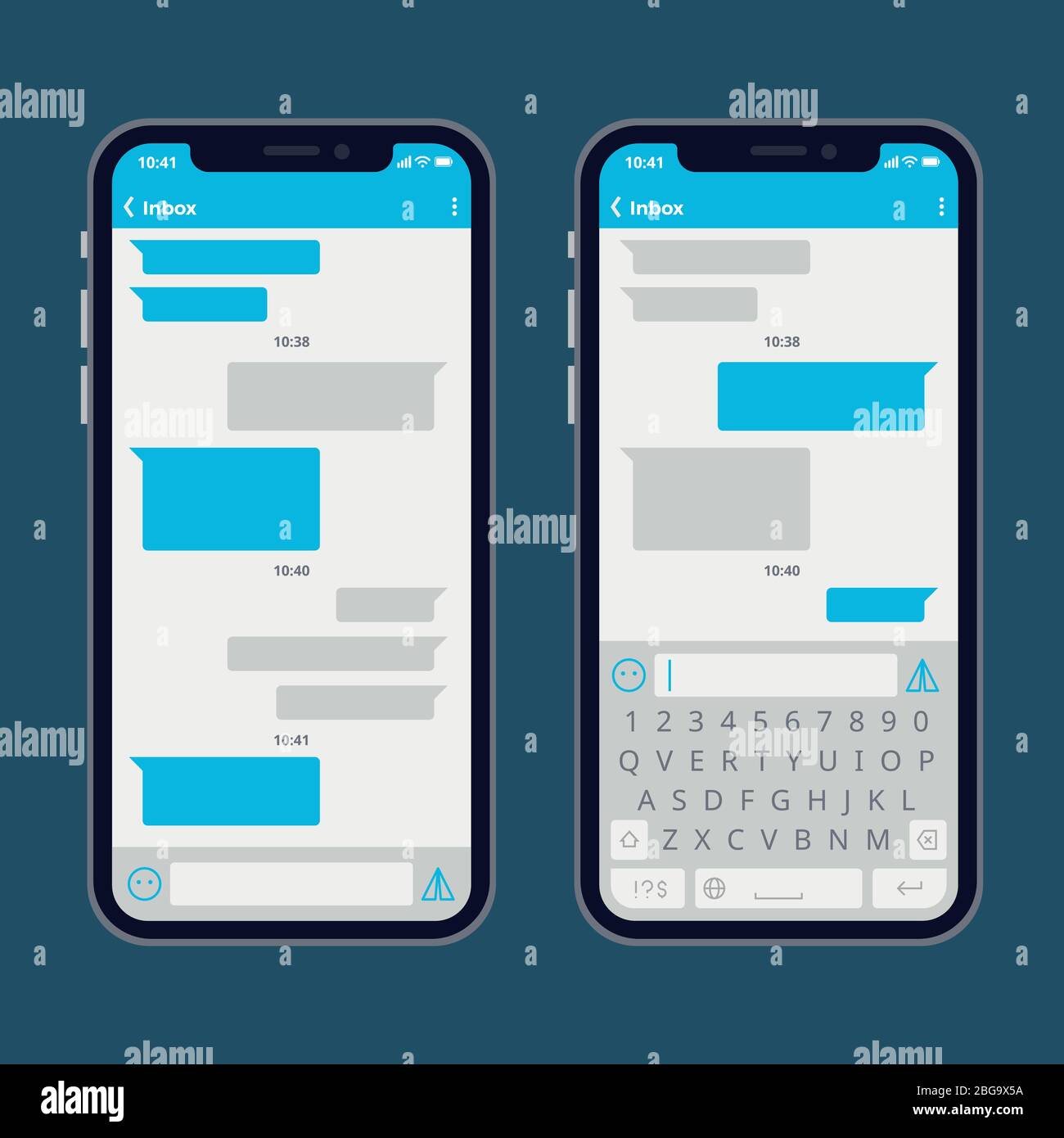 Smartphone avec bulles de messages texte et modèle vectoriel de clavier. Application téléphonique pour l'illustration des SMS de communication et de conversation Illustration de Vecteur