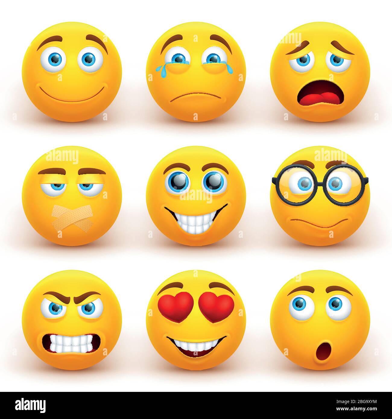 Ensemble de vecteurs d'émoticônes en 3 dimensions jaunes. Drôle smiley icônes de visage avec différentes expressions. Personnage de dessin animé sourire visage, expression bonheur illustration Illustration de Vecteur