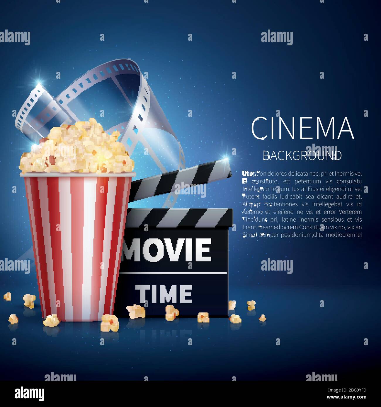 Film cinéma en 3 dimensions avec pop-corn et film vintage. Affiche de cinéma rétro. Illustration du cinéma en continu et du film Illustration de Vecteur