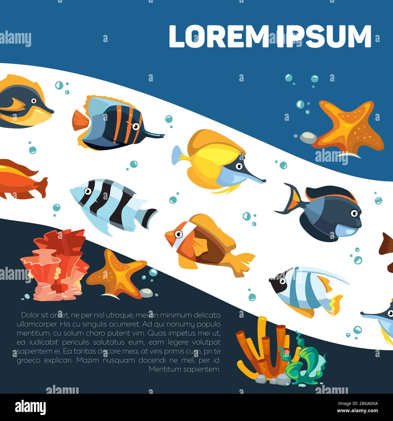 Caricature de la mer ou de l'océan avec poissons et algues. Illustration vectorielle Illustration de Vecteur