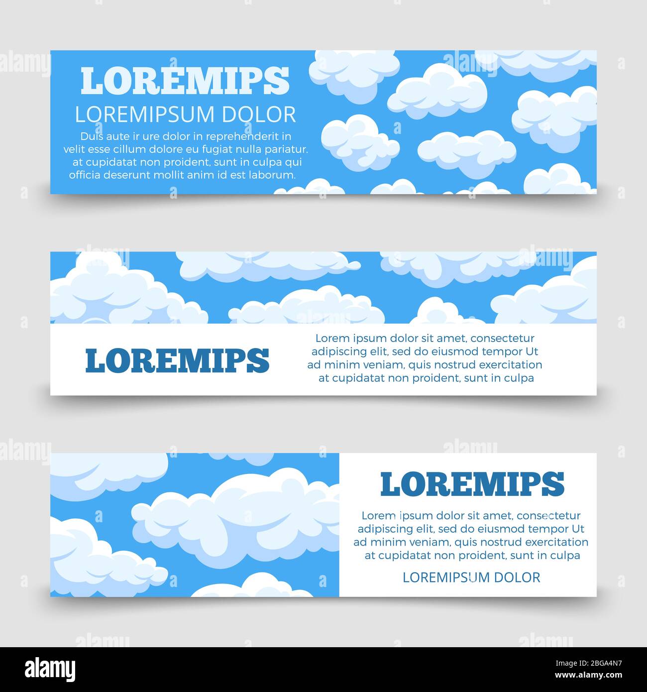 Dessin animé nuages horizontal bannières modèle. Affiche avec ciel bleu et nuages. Illustration vectorielle Illustration de Vecteur