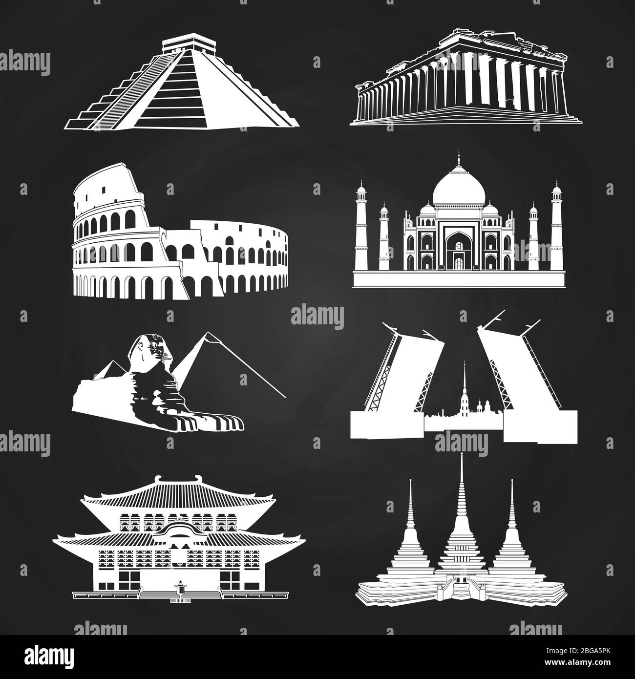 Silhouettes vectorielles blanches célèbres monuments et symboles de destination sur tableau de surveillance. Illustration vectorielle Illustration de Vecteur