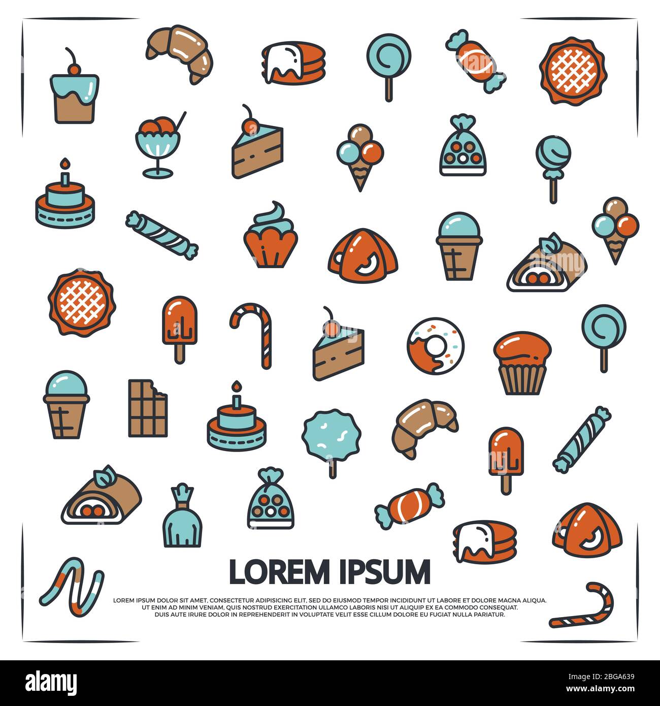 Affiche avec dessin animé couleur desserts sucrés bonbons de boulangerie. Illustration vectorielle Illustration de Vecteur