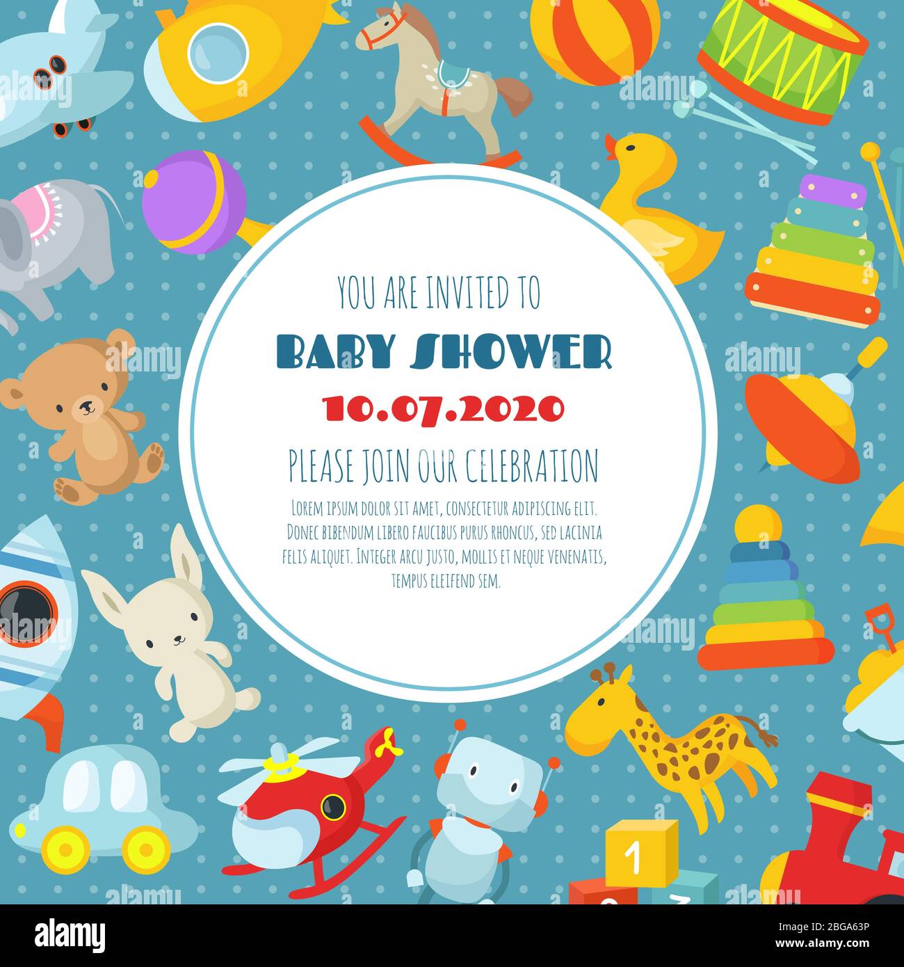 Douche de bébé, décor de célébration de naissance fond vectoriel ou carte d'invitation avec jouets pour enfants. Illustration de la bannière d'invitation de douche de bébé Illustration de Vecteur