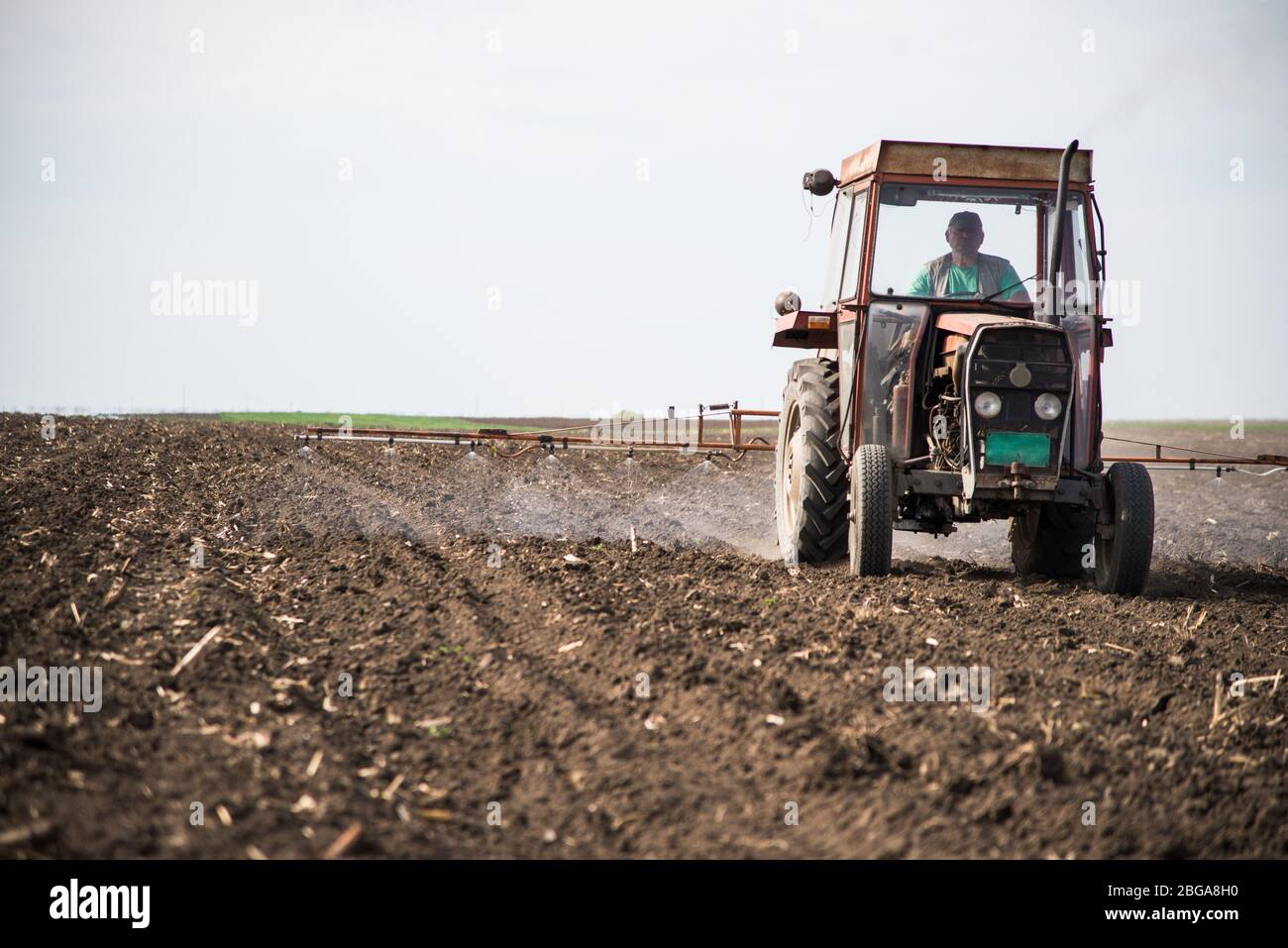 Le tracteur la pulvérisation de pesticides sur les champs de légumes avec le pulvérisateur au printemps Banque D'Images
