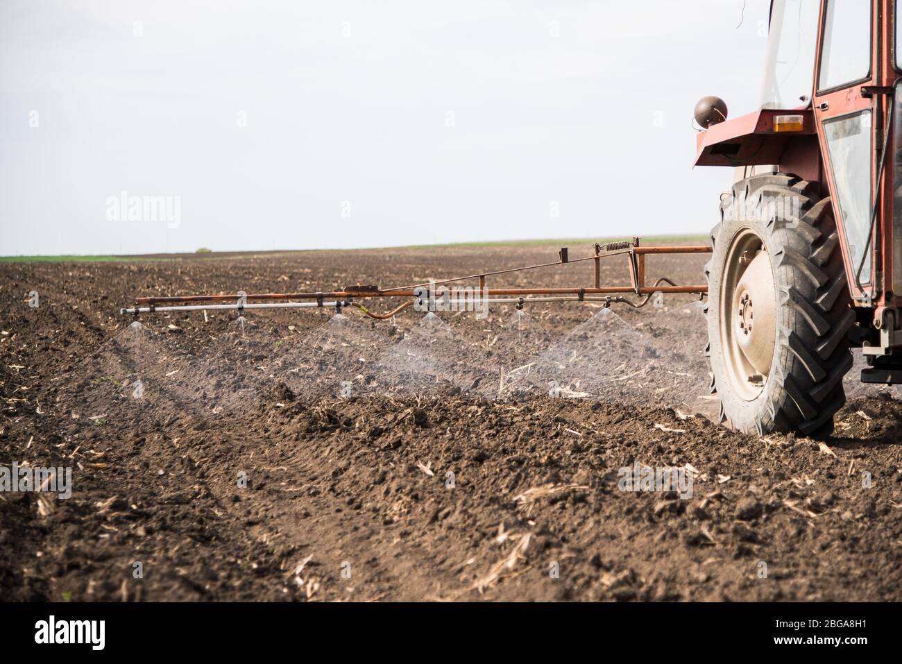 Le tracteur la pulvérisation de pesticides sur les champs de légumes avec le pulvérisateur au printemps Banque D'Images