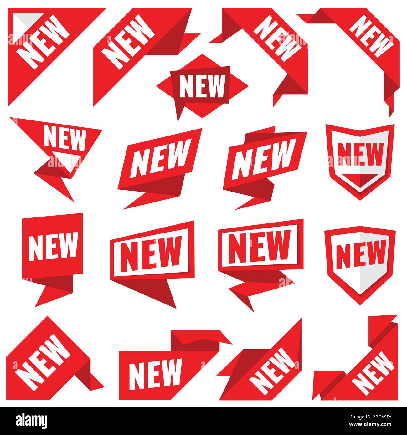 Nouveaux autocollants vectoriels étiquettes modernes et bannières rouges d'angle. Nouvel angle d'étiquette, illustration de l'étiquette de bannière d'étiquette Illustration de Vecteur