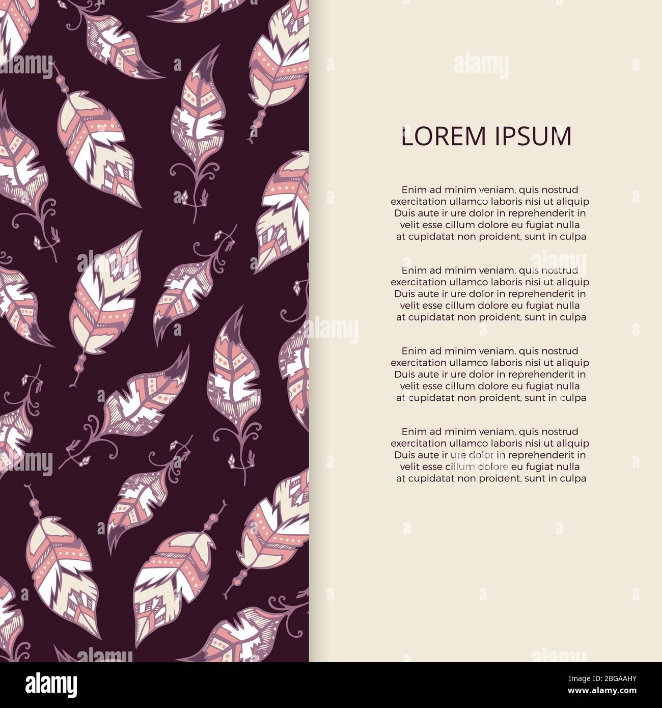 Motif affiche-annonce en forme de bannière boho à plumes dessinées à la main. Illustration vectorielle Illustration de Vecteur