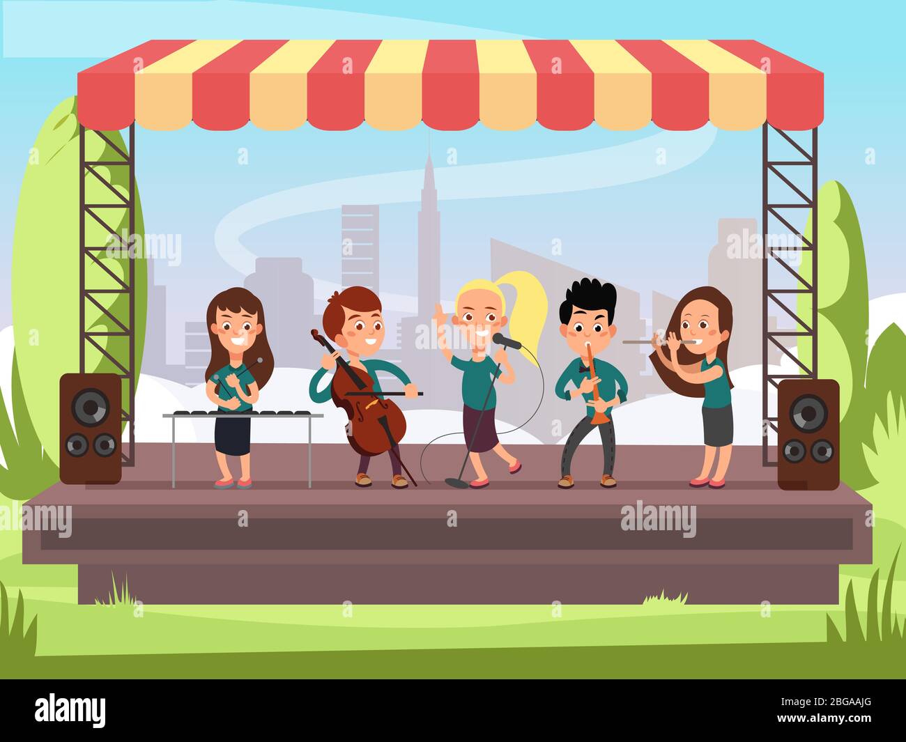 Musique pour enfants jouant sur scène à l'illustration vectorielle du festival extérieur. Concert enfant sur scène Illustration de Vecteur