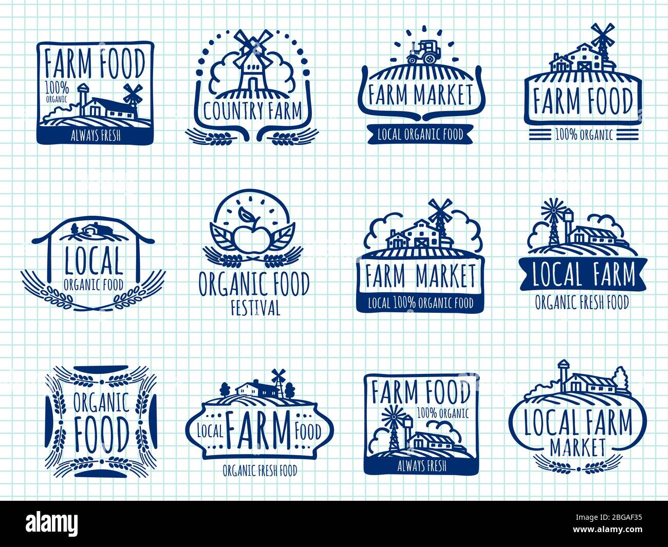 Stylo bille doodle ferme et bio aliments vectoriels étiquettes sur la page de bloc-notes. Étiquette de nourriture naturelle agricole, illustration du marché de l'emblème sain Illustration de Vecteur