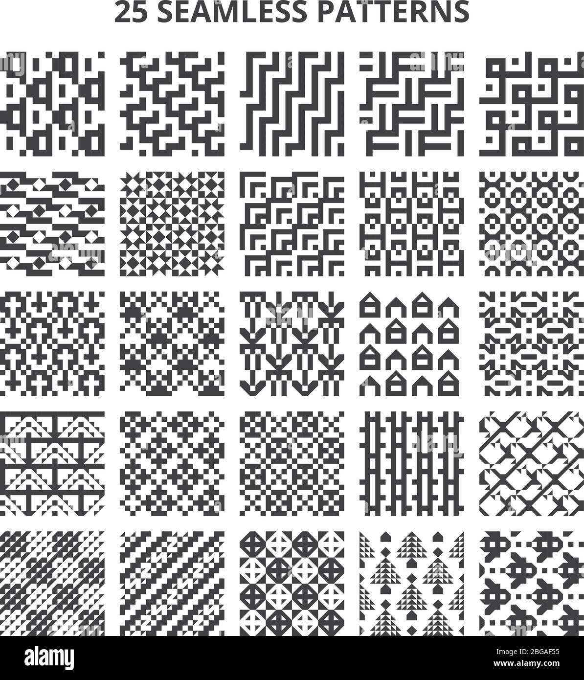 Motifs vectoriels géométriques abstraits noir et blanc sans couture. 25 textures rétro répétées. Illustration de la répétition de motif géométrique, impression d'un graphique monochrome Illustration de Vecteur