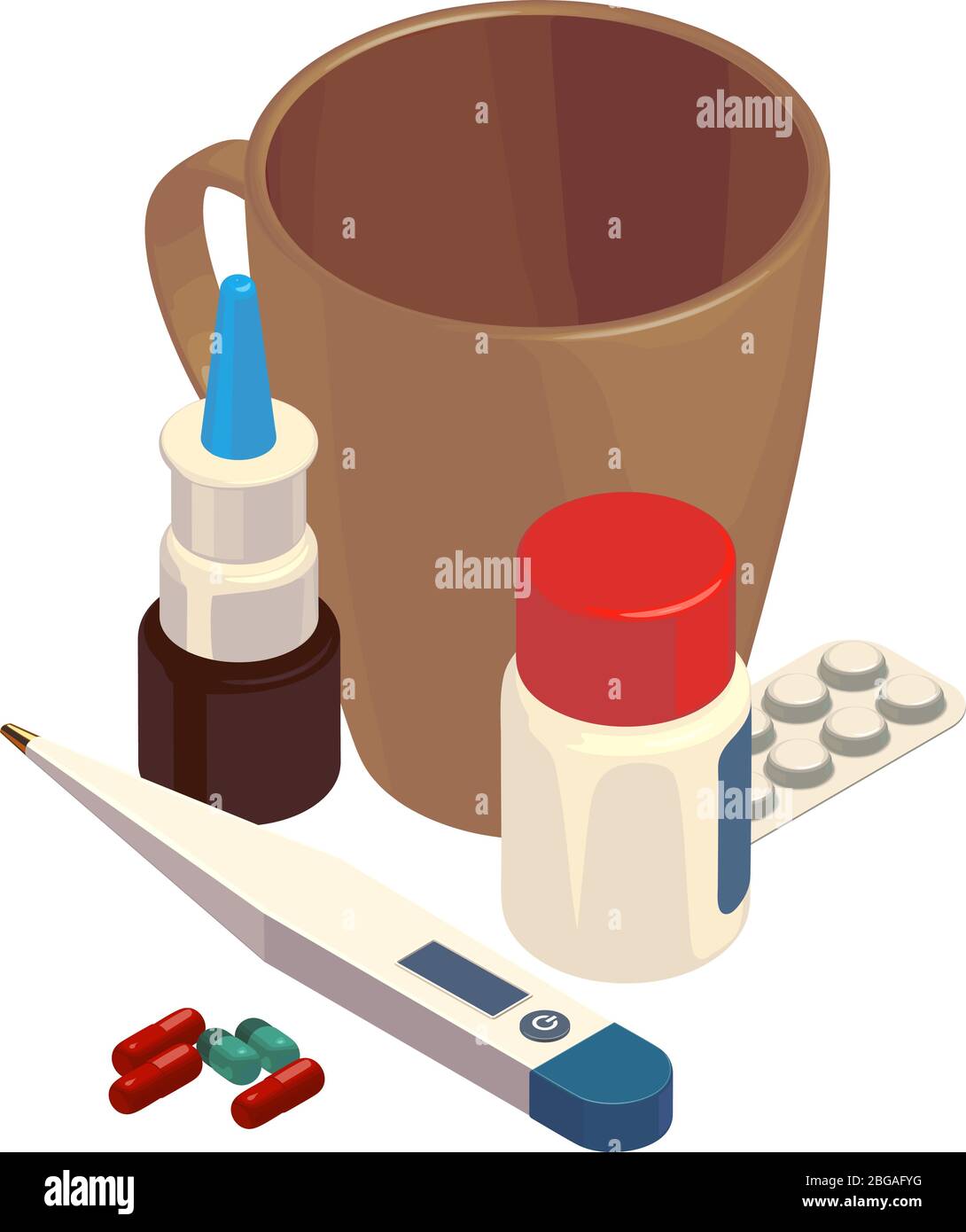 Composition avec des pilules, des traînons dans le vecteur en isométrie. Illustration médicale de la pharmacie. Illustration de Vecteur