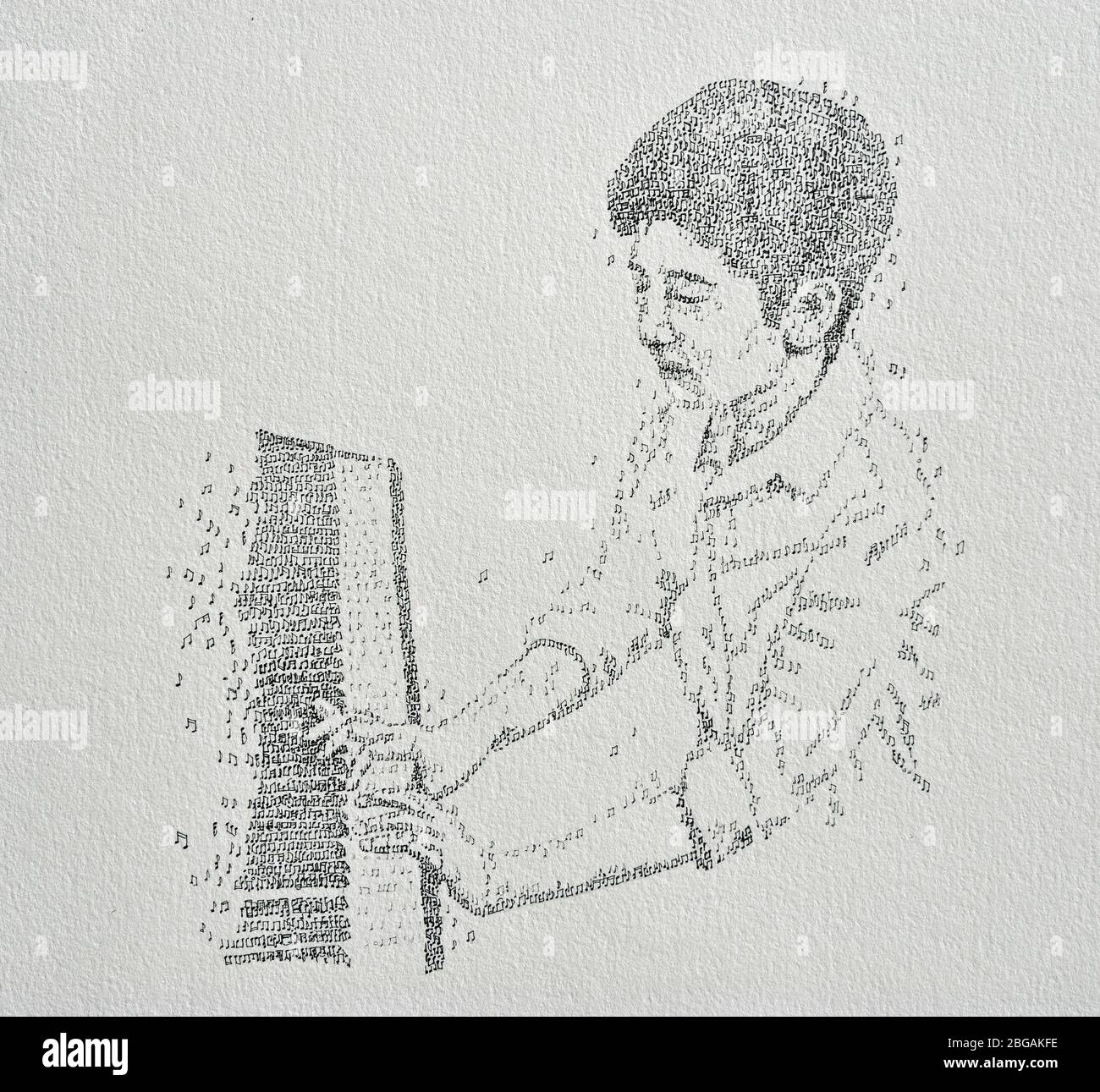 Encre dessin de garçon jouant piano produit avec de minuscules notes musicales. Banque D'Images