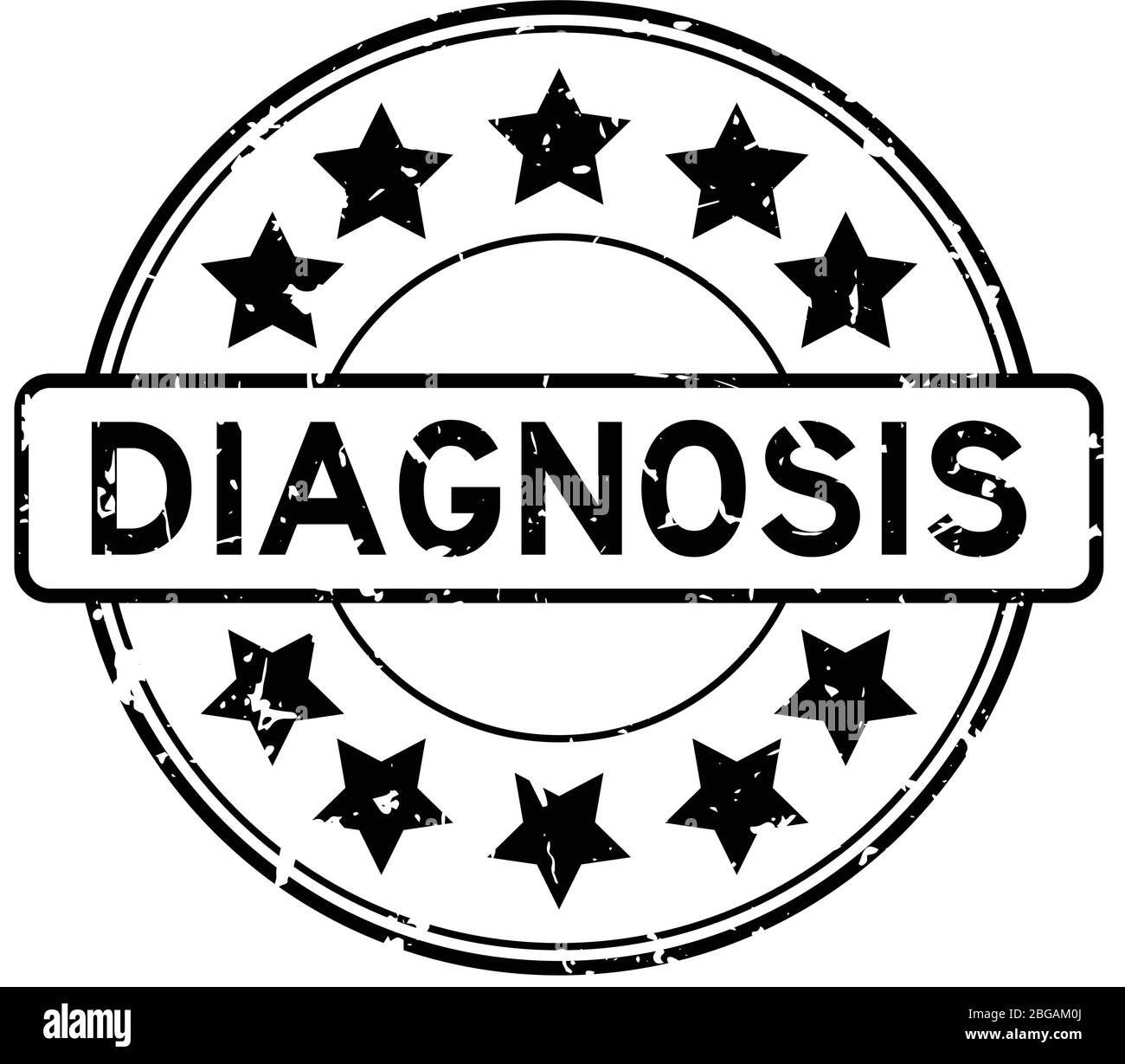 Grunge noir mot de diagnostic avec étoile icône représentant un joint en caoutchouc rond sur fond blanc Illustration de Vecteur