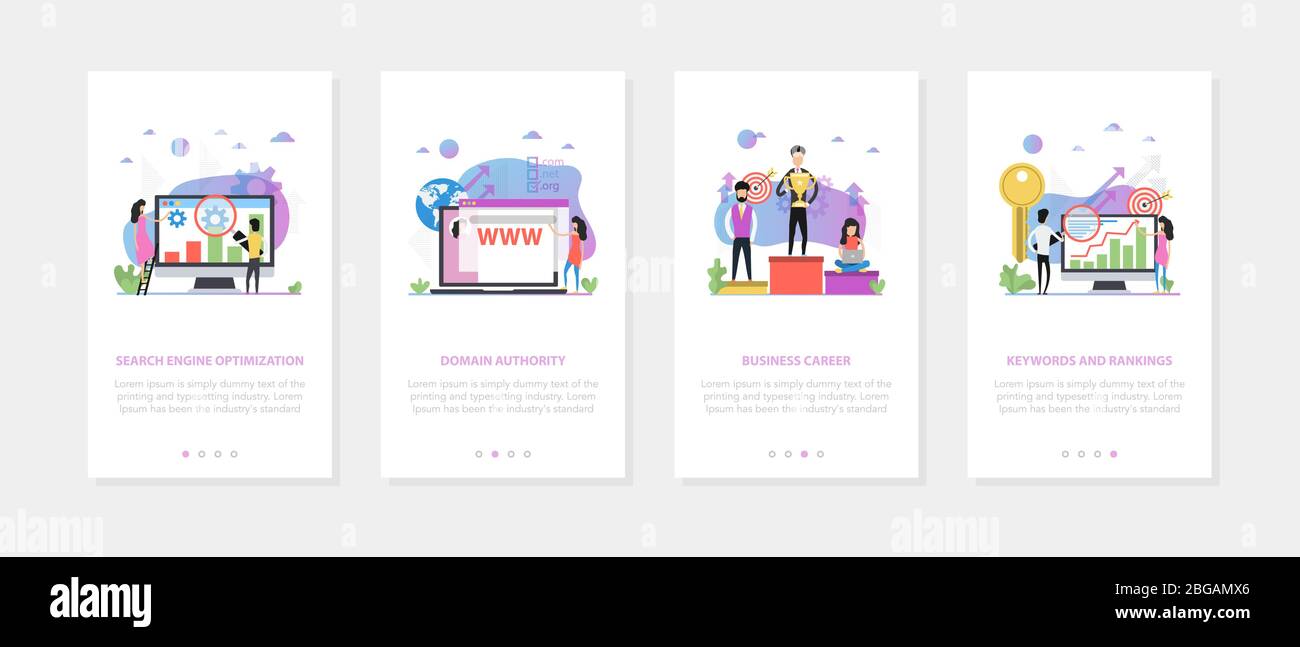 Vector quatre bannières mobiles verticales - SEO, carrière, domaine, mots-clés Illustration de Vecteur