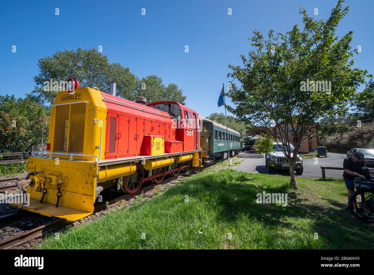 Locomotive de chemin de fer Goldfields à la gare de Waikino sur la piste ferroviaire de Hauraki, île du Nord, Nouvelle-Zélande Banque D'Images
