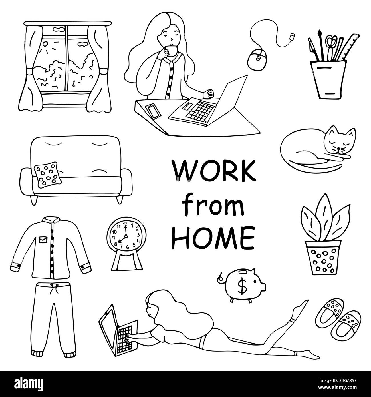 Travailler à domicile. Ensemble d'icônes. Fille assise à un ordinateur portable et boire du café. Canapé avec oreiller, chat de couchage, fleur en pot, pantoufles, pyjama, Illustration de Vecteur