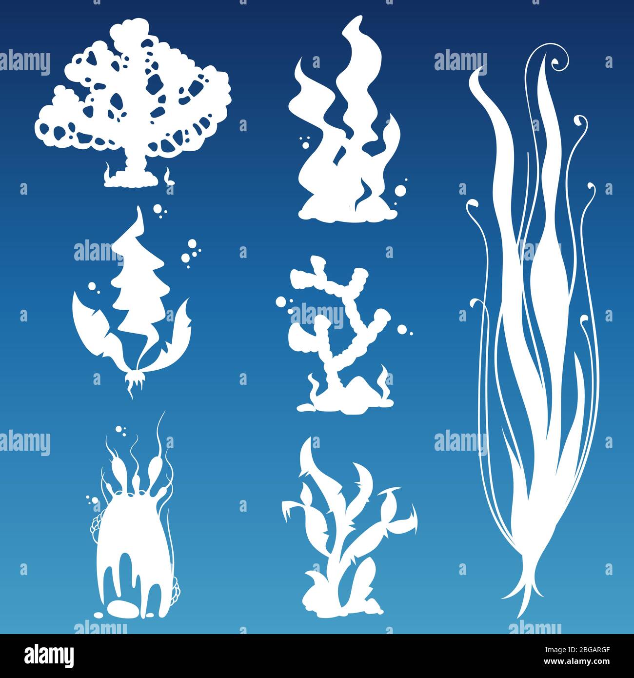 Silhouettes de plantes sauvages sous-marines blanches sur fond bleu. Illustration vectorielle Illustration de Vecteur