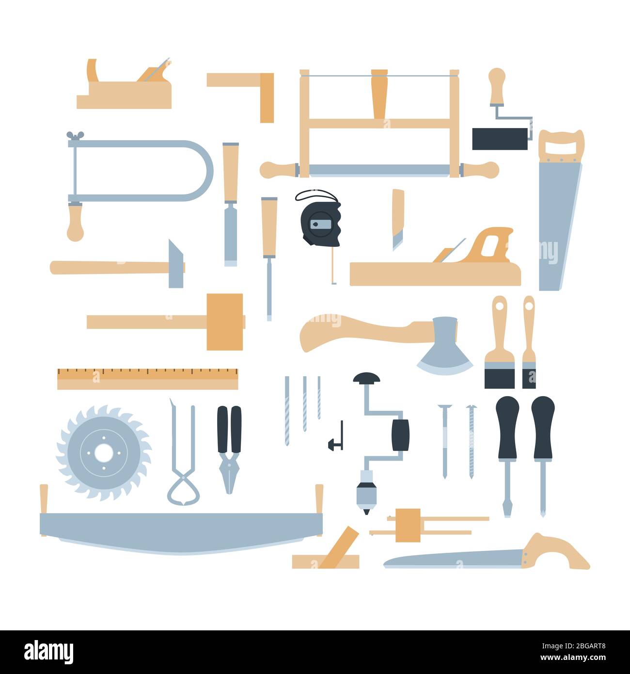 Kit d'outils pour bois. Ensemble d'équipements de menuiserie manuelle de style plat. Illustration vectorielle isolée sur fond blanc Illustration de Vecteur