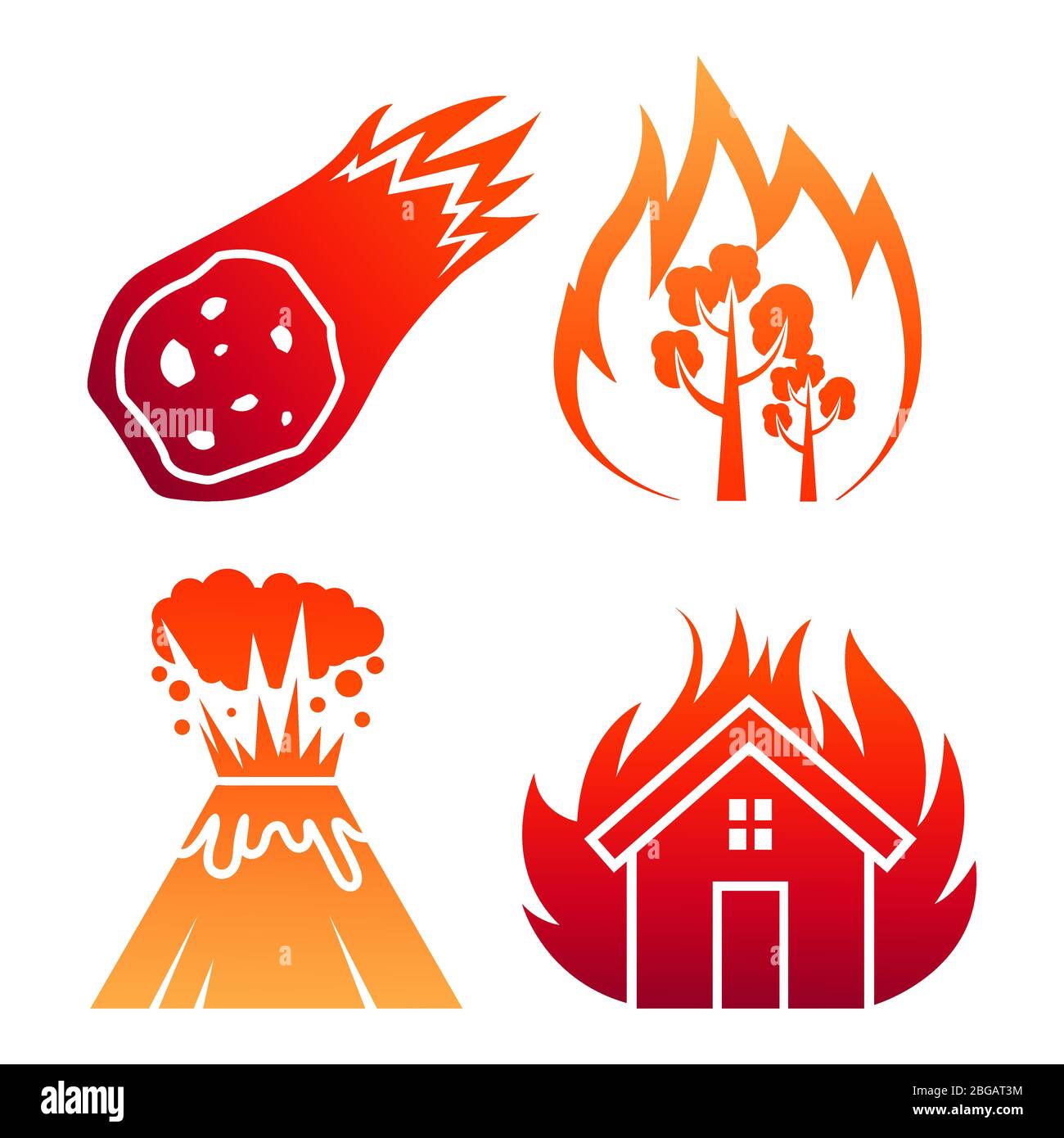 Enflammer les icônes vectorielles colorées de catastrophe naturelle sur l'illustration rouge et orange Illustration de Vecteur