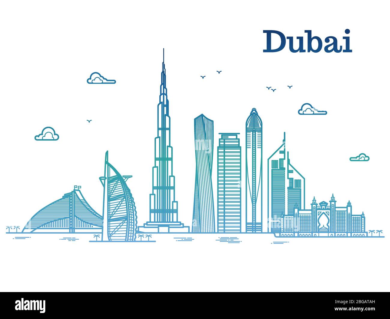 Paysage urbain vectoriel coloré et détaillé de la ligne de dubaï avec gratte-ciel. Bâtiment urbain de Dubaï, illustration de la ville d'affaires Illustration de Vecteur