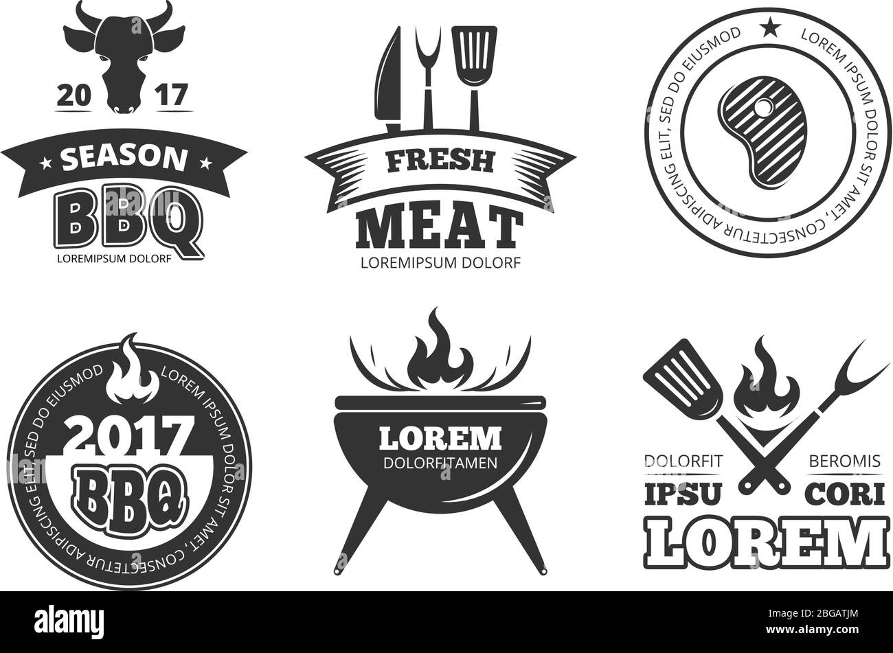 Barbecue, grill, restaurant de grillades, étiquettes vectorielles anciennes, insignes, logos et emblèmes Illustration de Vecteur