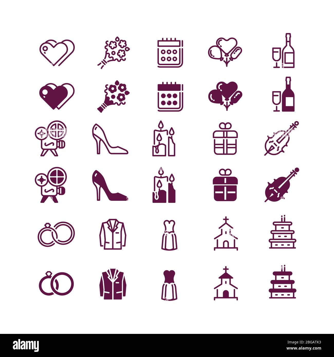 Icônes d'amour et de mariage isolées sur fond blanc - icône d'amour linéaire et silhouette. Champagne et mariage, calendrier et gâteau. Illustration vectorielle Illustration de Vecteur Icônes d'amour et de mariage isolées sur fond blanc - icône d'amour linéaire et silhouette. Champagne et mariage, calendrier et gâteau. Illustration vectorielle Illustration de Vecteur