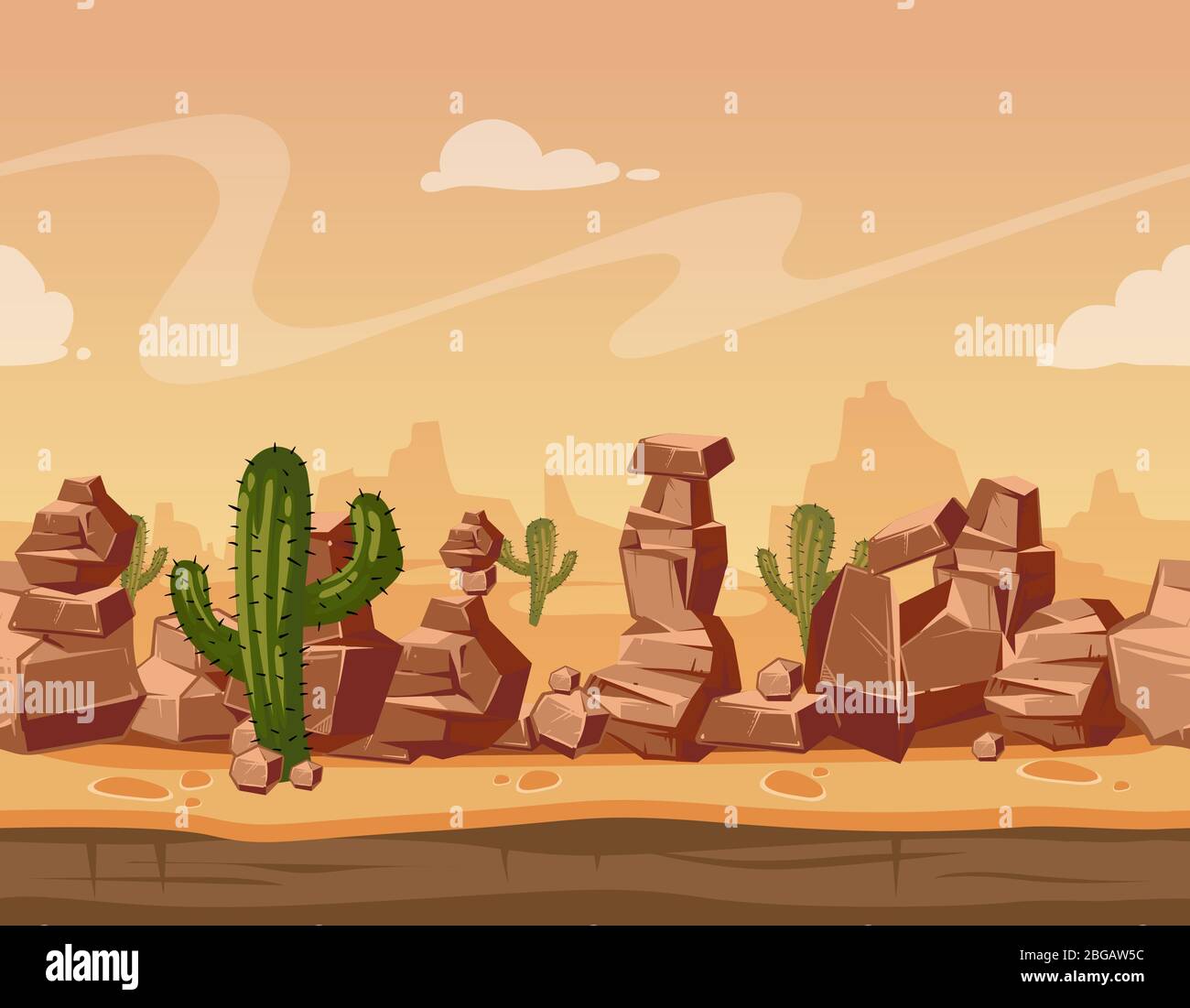 Vecteur cartoon paysage sans couture avec des pierres et cactus. Illustration d'arrière-plan sauvage du jeu Illustration de Vecteur
