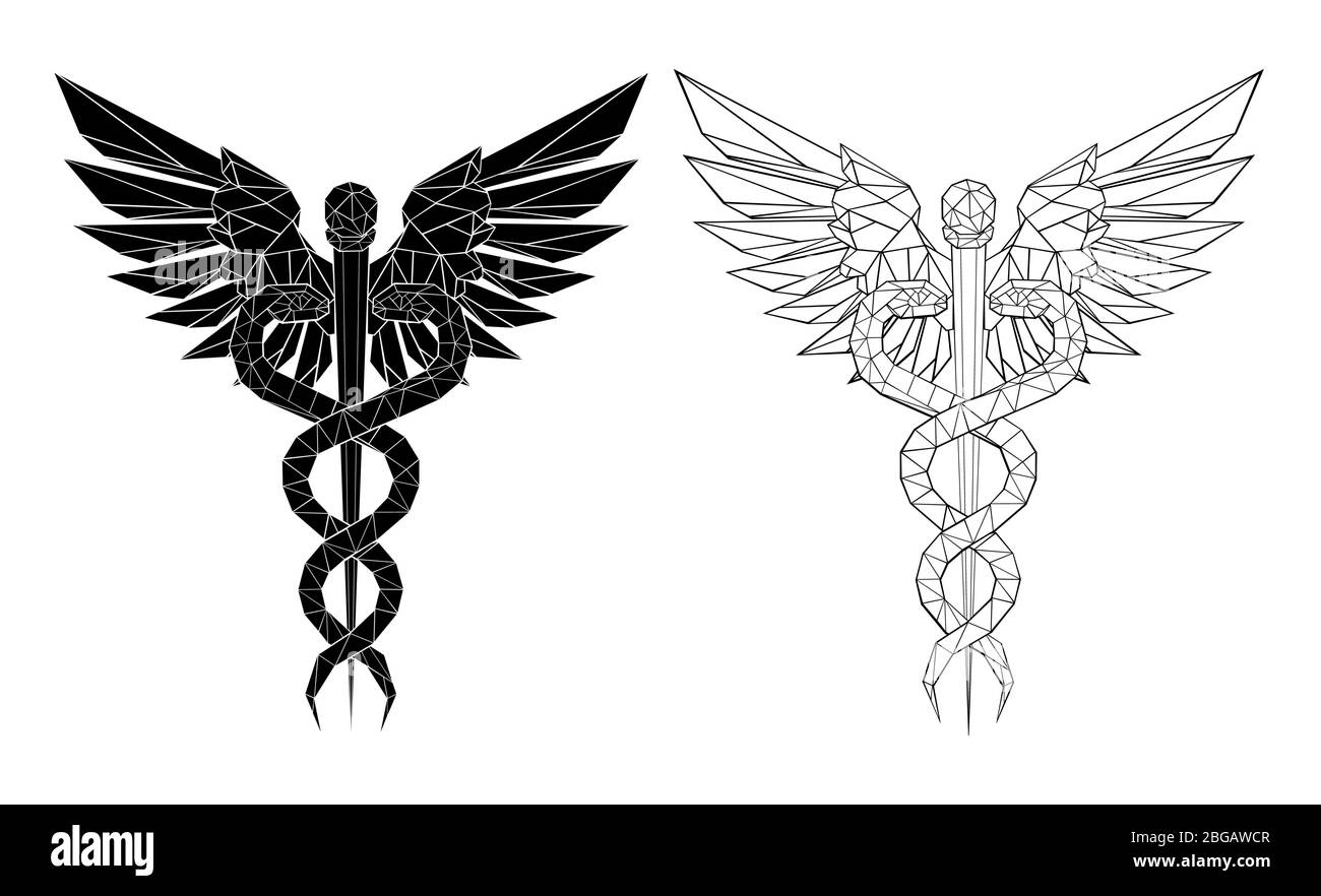 Deux symboles polygonaux (noir et blanc) de Caduceus sur fond isolé. Symbole poly faible de la médecine. Illustration de Vecteur