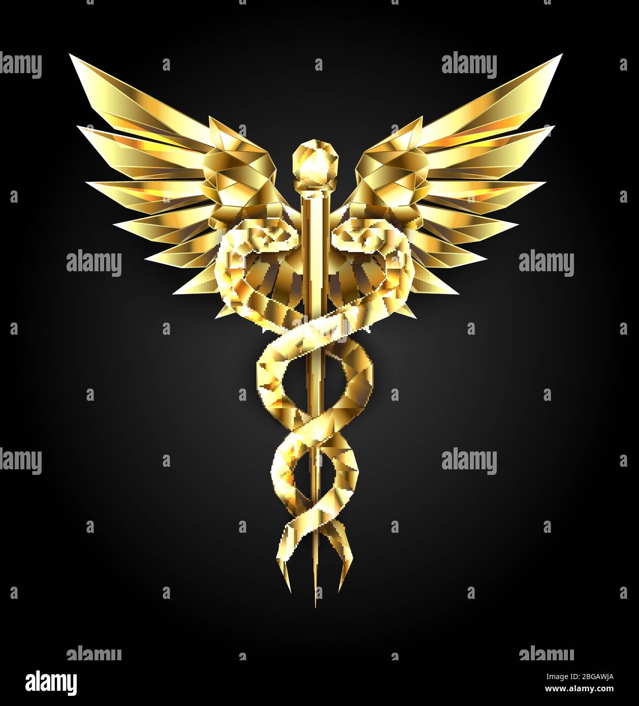 Symboles Caduceus polygonaux dorés sur fond noir isolé. Symbole poly faible de la médecine. Illustration de Vecteur