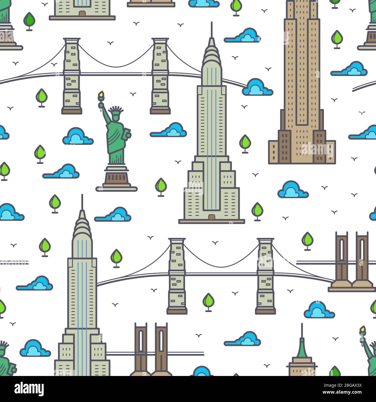 Ponts, gratte-ciel et sites New York, schéma sans faille. Illustration vectorielle Illustration de Vecteur