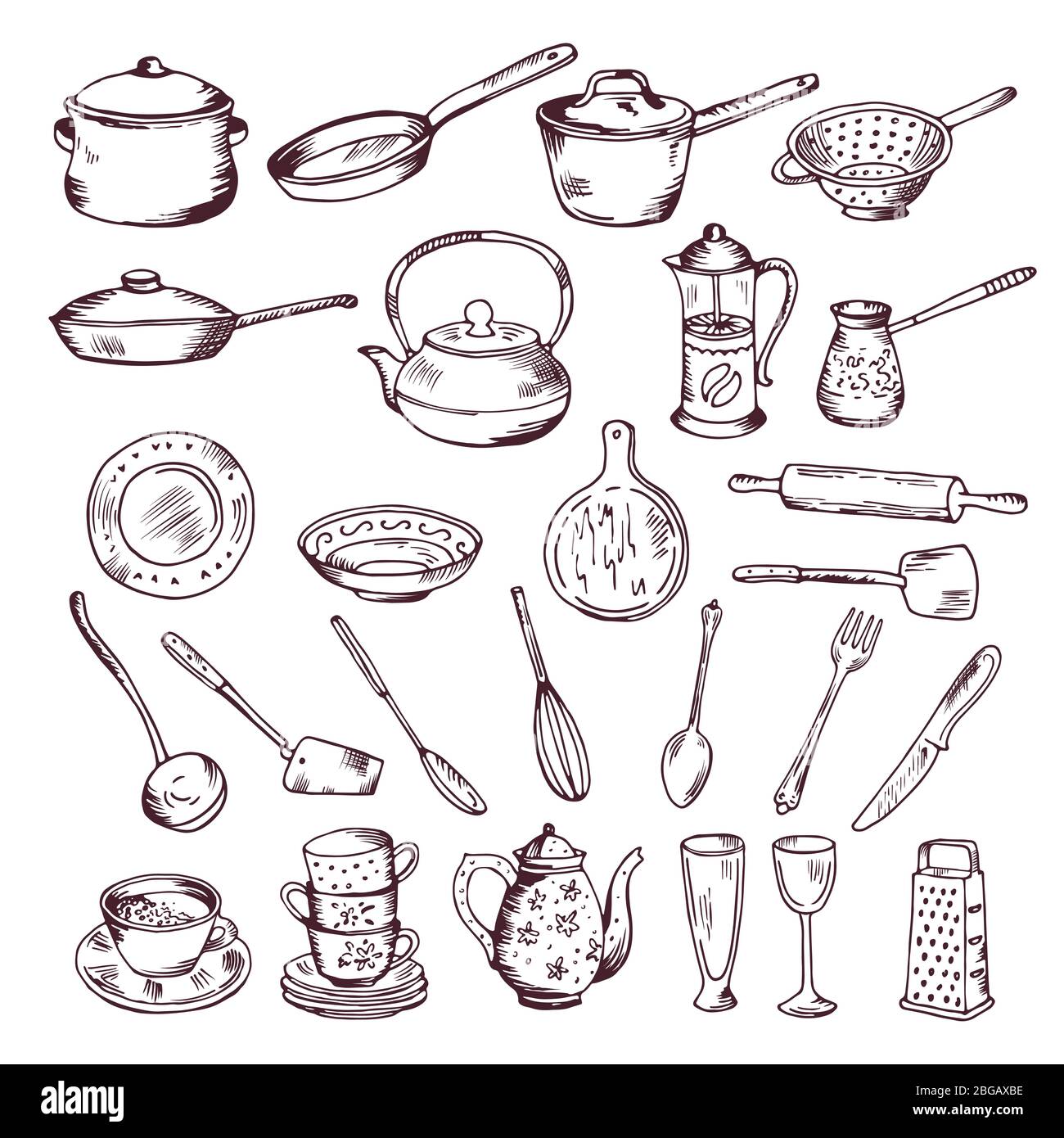 Illustration vectorielle dessinée à la main des outils de cuisine s'isolent sur fond blanc Illustration de Vecteur