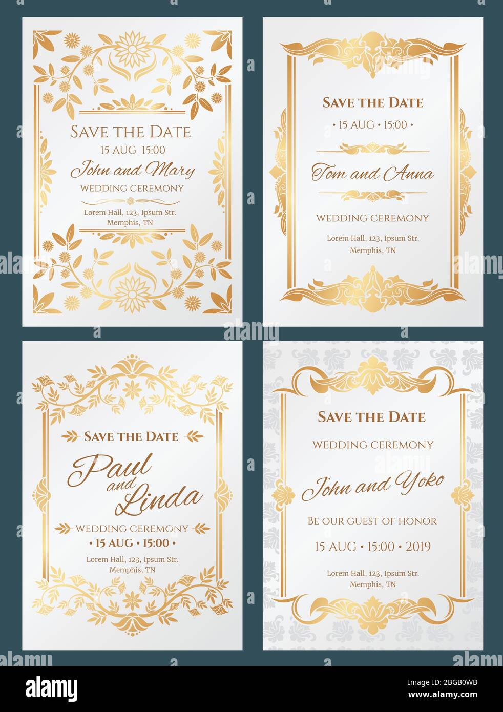 Économisez les cartes d'invitation de mariage vectorielles de luxe avec cadre de bordure or élégant. Bannière de mariage avec décoration et lettrage, carte d'invitation illustration d'élégance Illustration de Vecteur