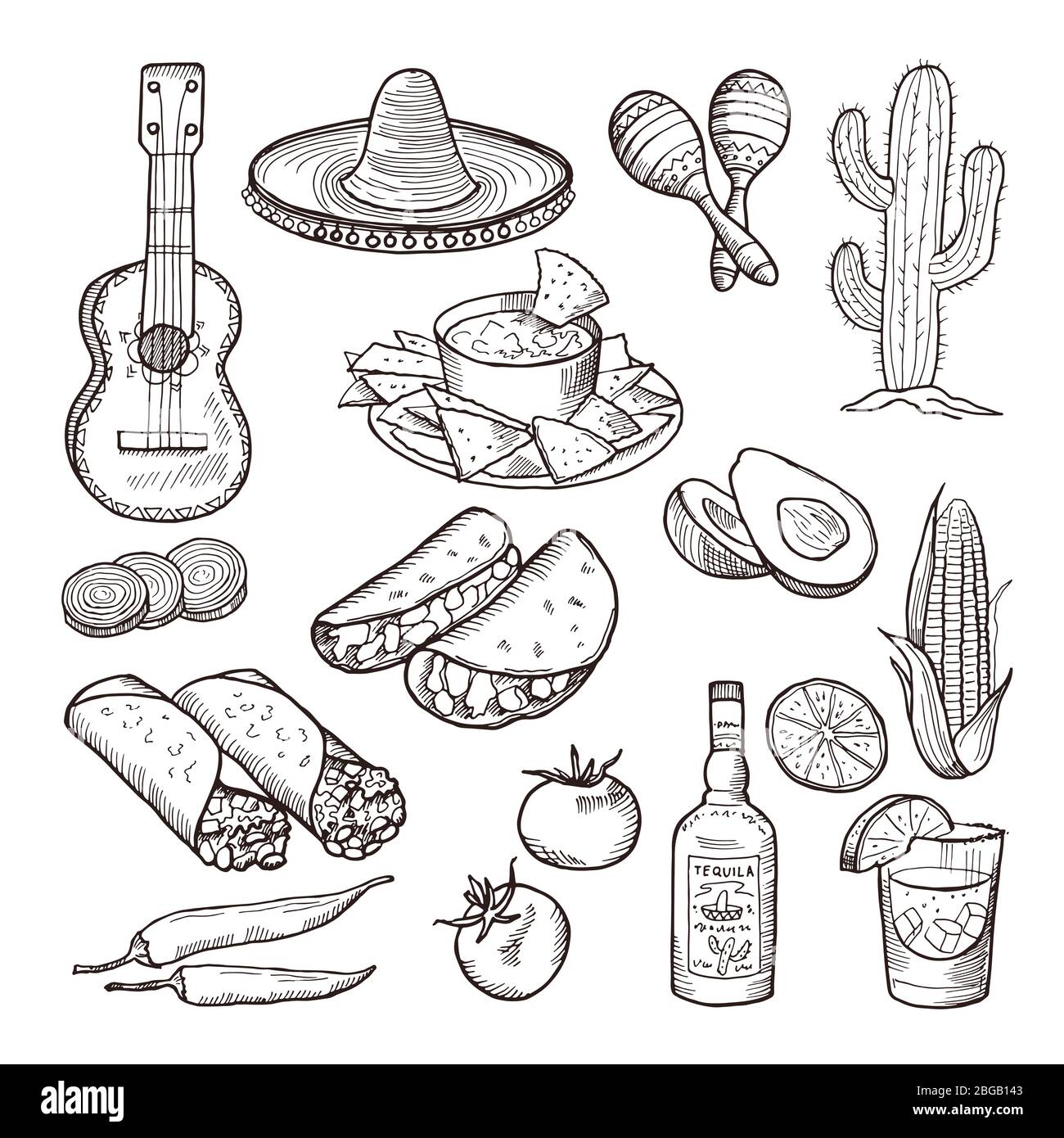 Restauration rapide et autres éléments de culture mexicaine. Sombrero, guitare, tequila et tacos. Jeu de dessins vectoriels à la main Illustration de Vecteur
