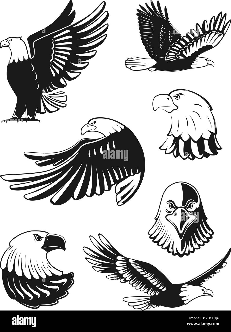 Jeu d'illustrations monochromes d'aigles. Éléments vectoriels pour la conception de logos, badges ou étiquettes Illustration de Vecteur