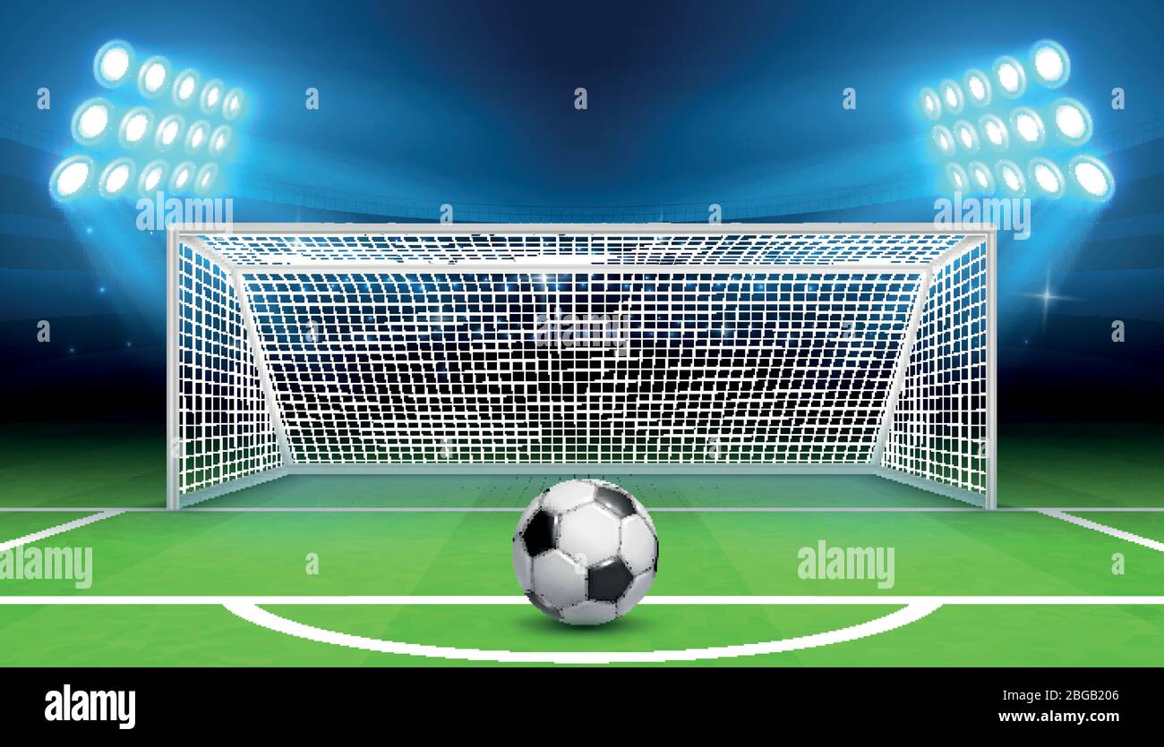 Fond vectoriel de championnat de football avec ballon de sport et buts. Concept de coup de pied de pénalité. Le football et le ballon de la porte sur l'illustration du stade Illustration de Vecteur