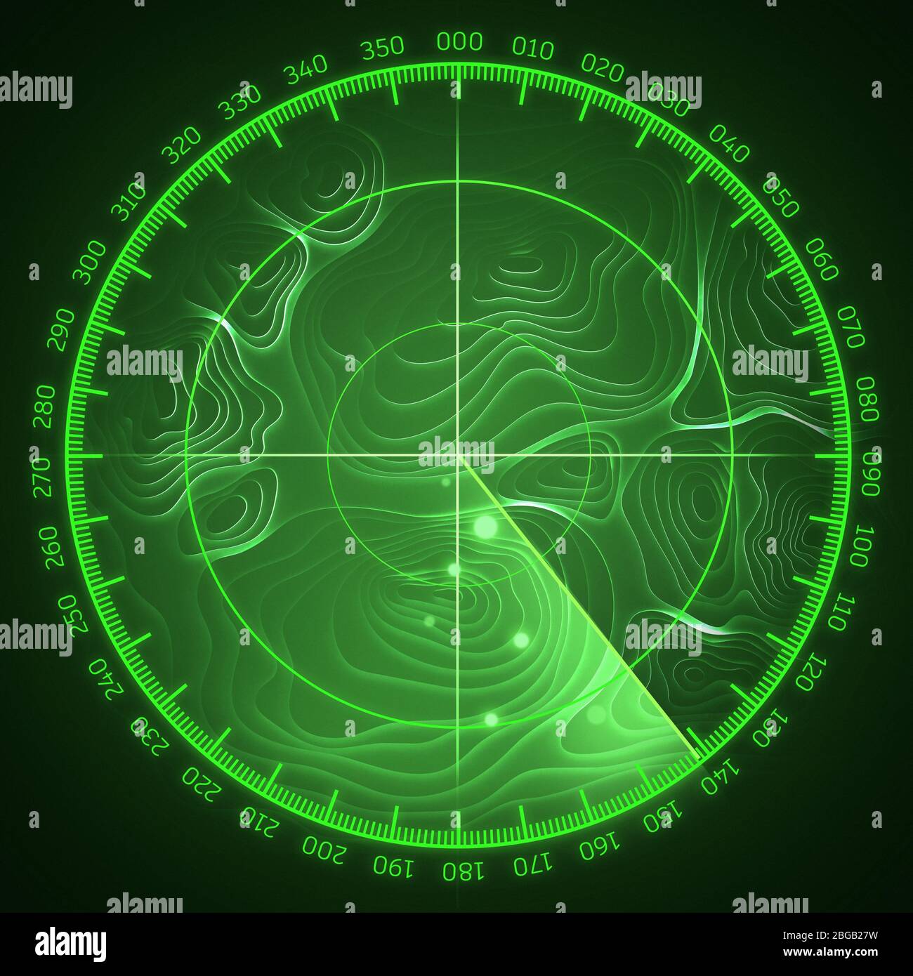 Écran du système radar en vert. Illustration tridimensionnelle. Banque D'Images