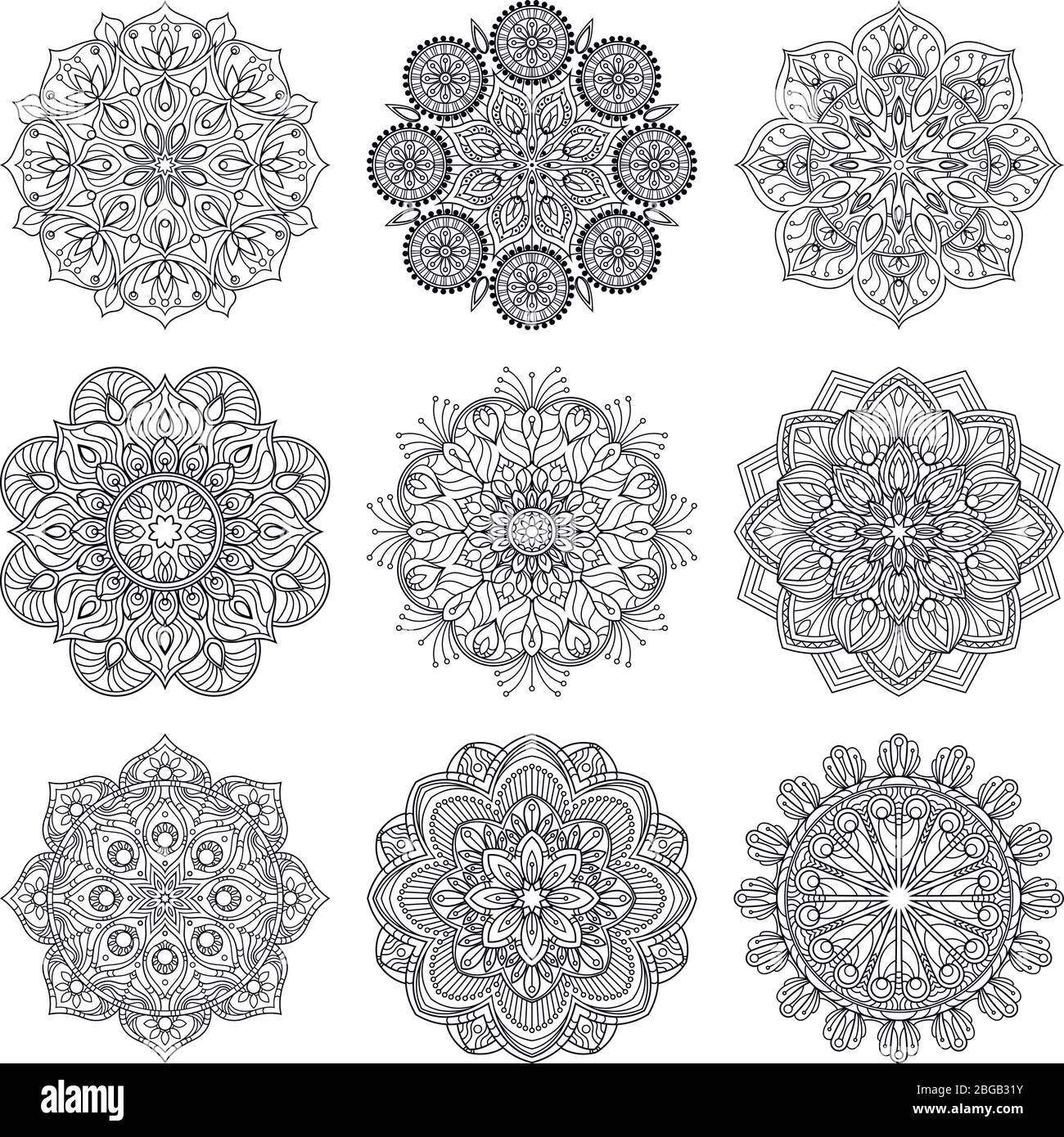 Illustration vectorielle de mandalas indiens. La texture ronde de l'asie et de l'arabe s'isolat sur fond blanc Illustration de Vecteur