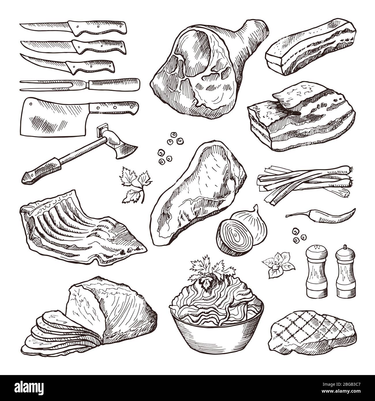 Différents aliments à base de viande. Accessoires de porc, bacon et cuisine. Image dessinée à la main à l'aide de la lame et du vecteur de hache Illustration de Vecteur