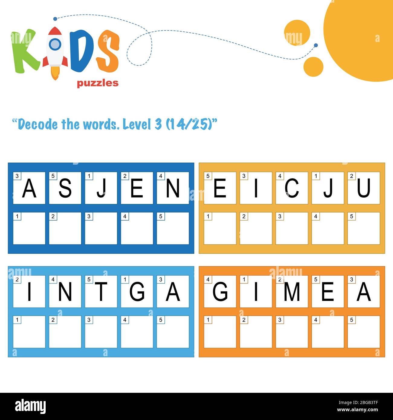 Décoder les mots de 5 lettres. Pratique sur les feuilles de travail pour les enfants d'âge préscolaire, élémentaire et intermédiaire. Fiche d'activité du puzzle logique amusant. Illustration de Vecteur