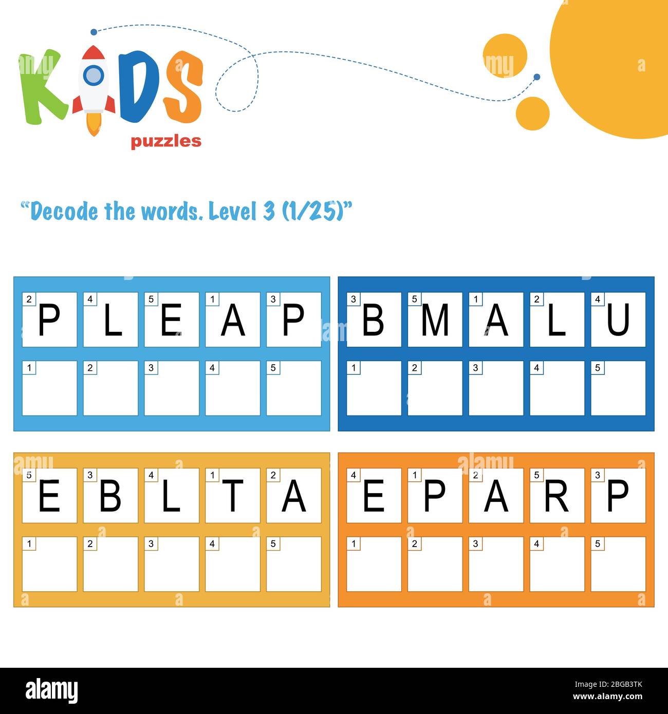 Décoder les mots de 5 lettres. Pratique sur les feuilles de travail pour les enfants d'âge préscolaire, élémentaire et intermédiaire. Fiche d'activité du puzzle logique amusant. Illustration de Vecteur
