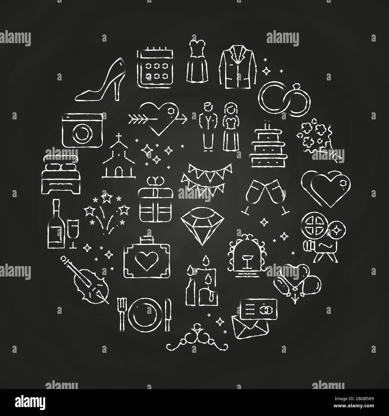 Les icônes de mariage tracées à craie arrondir le concept sur le tableau noir pour le mariage. Illustration vectorielle Illustration de Vecteur
