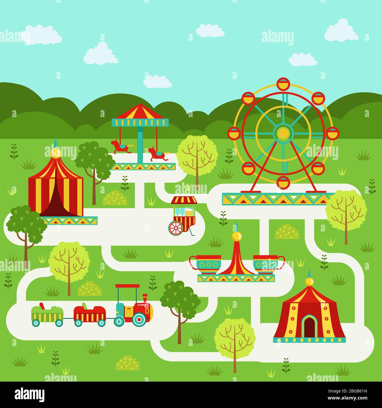 Carte vectorielle du parc d'attractions avec attractions. Famille en vacances Illustration de Vecteur